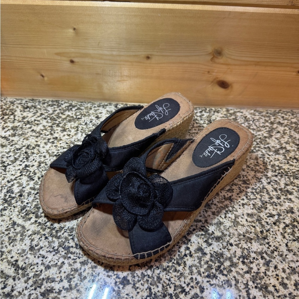 LifeStride‎ Womens Black Floral Rosette Espadrille Wedge Sandals Slip On Slides